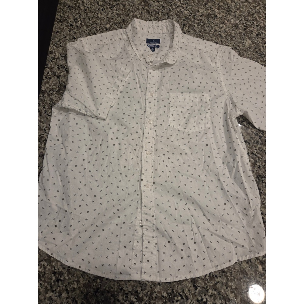George Mens Classic Fit Short Sleeve Button Down Shirt White Geometric Print L